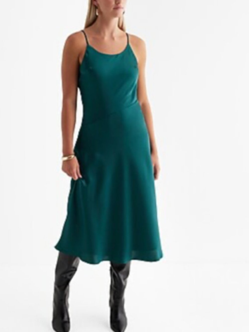 Express Teal Satin Asymmetrical Seam Adjustable Strap Maxi Dress